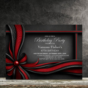 Elegant Red and Black Bow Birthday Party Invitation