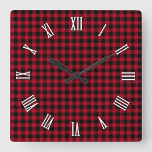 Elegant red and black buffalo plaid, chequered square wall clock