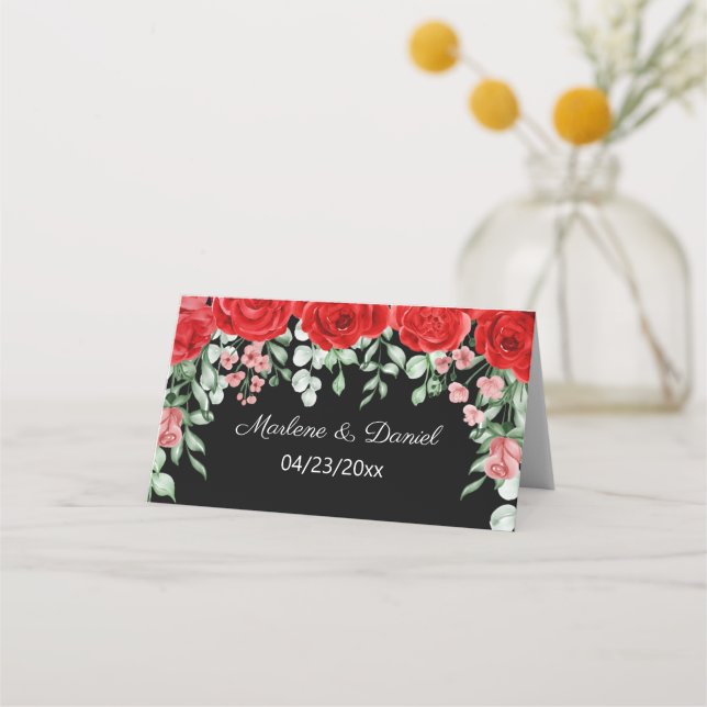 Elegant Red And Black Flowers Wedding  Place Card (Front)
