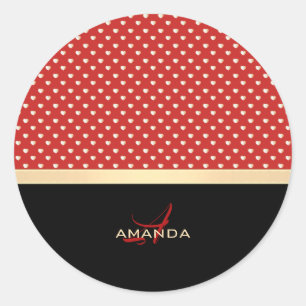 Elegant Red and Black, Golden Hearts Name Monogram Classic Round Sticker
