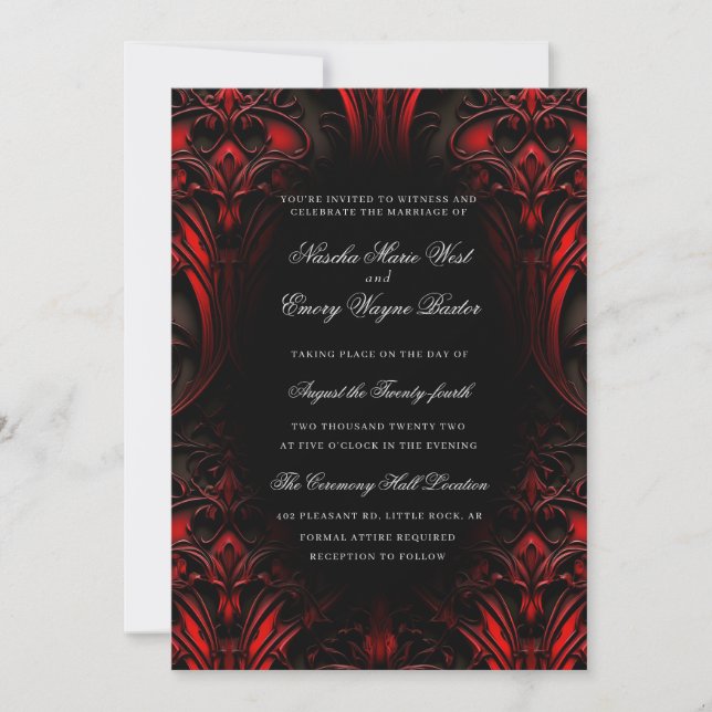 Elegant Red and Black Gothic Damask Wedding Invitation (Front)