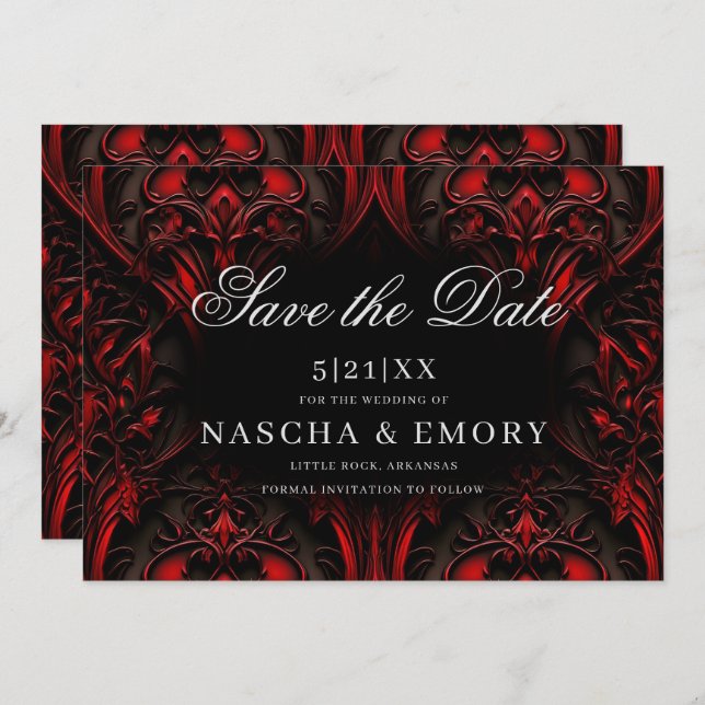 Elegant Red and Black Gothic Damask Wedding Save The Date (Front/Back)