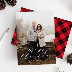 Elegant Red and Black Plaid Photo Holiday Card