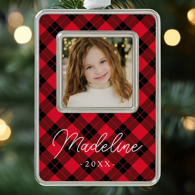 Elegant Red and Black Plaid Photo Silver Plated Framed Ornament (Creator Uploaded)