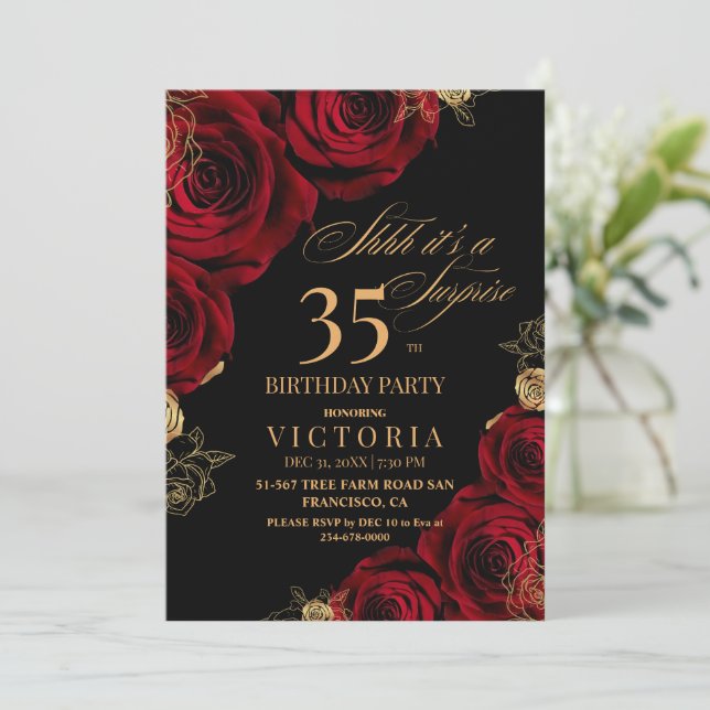 Elegant Red and Black Roses 35th Birthday  Invitation (Standing Front)