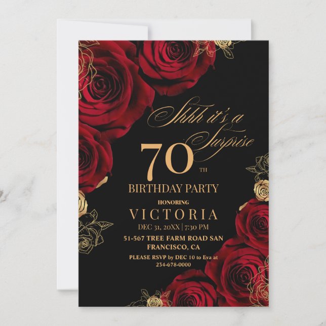 Elegant Red and black Roses 70th Birthday  Invitation (Front)