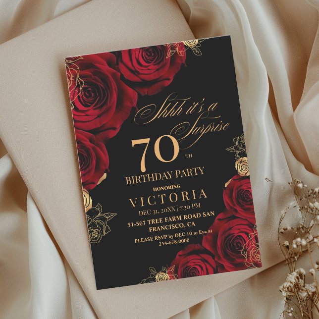 Elegant Red and black Roses 70th Birthday  Invitation (Creator Uploaded)