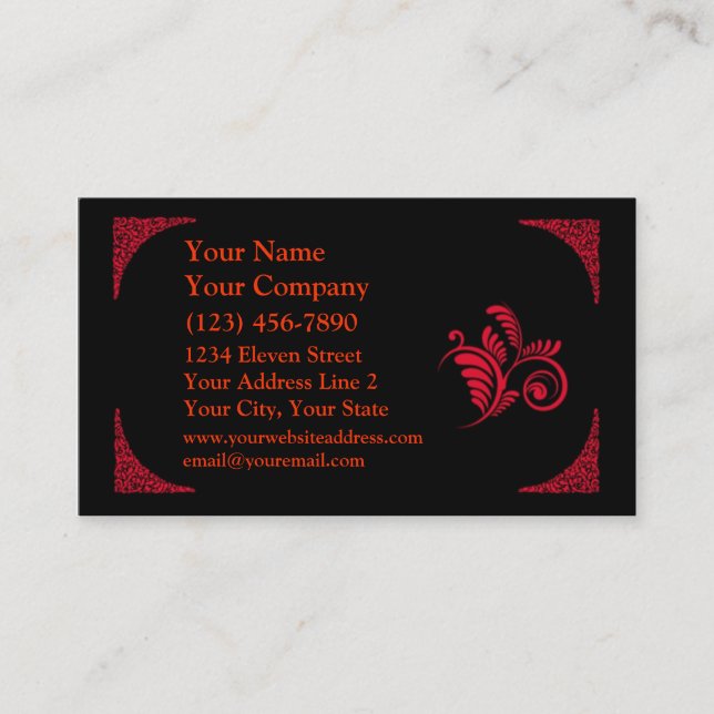 Elegant Red and Black Scrollwork Template Business Card (Front)