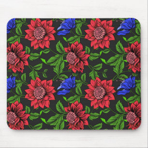 Elegant Red And Blue Flower Black Background Mouse Pad