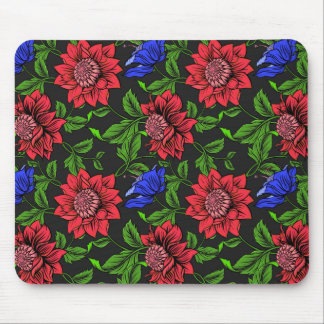 Elegant Red And Blue Flower Black Background Mouse Pad