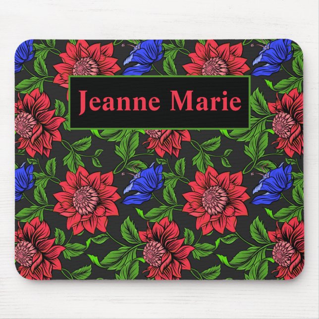 Elegant Red And Blue Flower Black Background Mouse Pad (Front)
