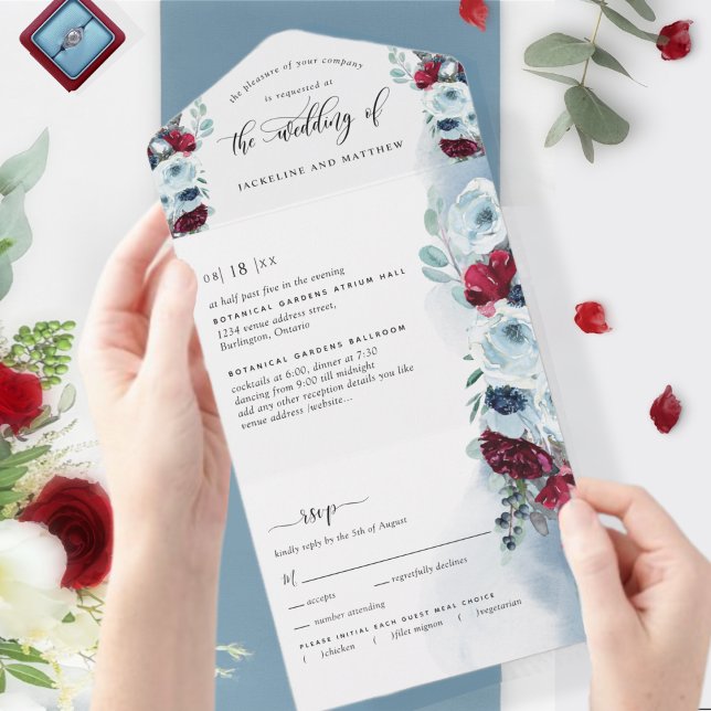 Elegant Red and Blue Wedding with Perforated RSVP All In One Invitation (Creator Uploaded)