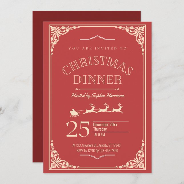 Elegant Red and Cream Detail Christmas Dinner  Invitation (Front/Back)