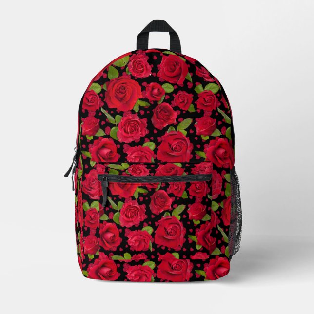 Elegant Red And Dark Pink Floral Roses Pattern Printed Backpack (Front)