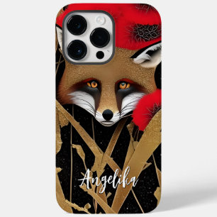 Elegant Red and Gold Abstract Fox with Custom Name Case-Mate iPhone 14 Pro Max Case