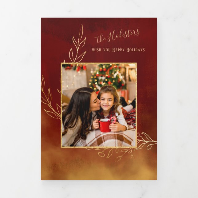 Elegant Red and Gold Botanical Holiday Photo Tri-Fold Card (Cover)