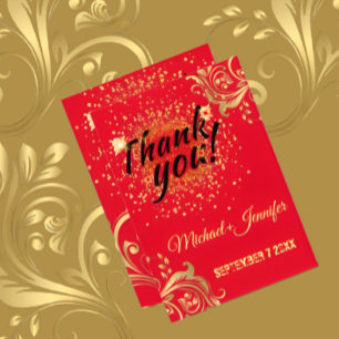 Elegant Red And Gold Custom Wedding Thank You Card