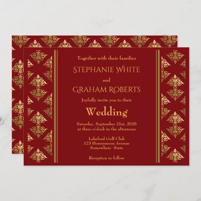Elegant Red and Gold Damask Patterned Wedding Invitation (Front/Back)