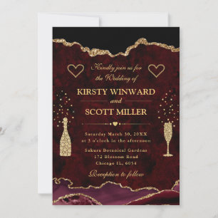 Elegant Red and Gold Faux Glitter Agate Wedding Invitation