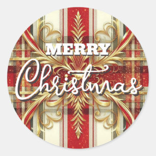 Elegant Red and Gold Festive Plaid  Classic Round Sticker