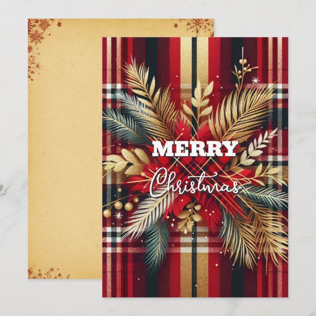 Elegant Red and Gold Festive Plaid  Holiday Card (Front/Back)