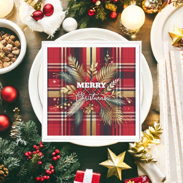 Elegant Red and Gold Festive Plaid  Napkin (Creator Uploaded)