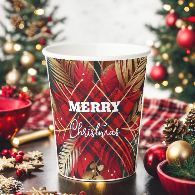 Elegant Red and Gold Festive Plaid  Paper Cups (Creator Uploaded)