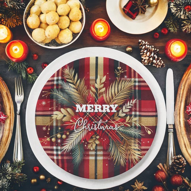 Elegant Red and Gold Festive Plaid  Paper Plate (Creator Uploaded)