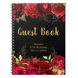 Elegant Red and Gold Flowers Birthday Guest Book