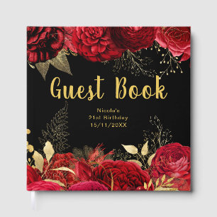 Elegant Red and Gold Flowers Birthday Party Guest Book