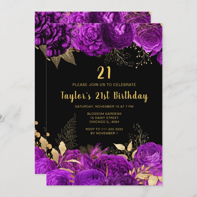 Elegant Red and Gold Flowers Birthday Party Invitation (Front/Back)