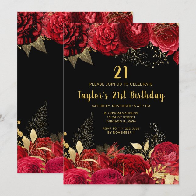 Elegant Red and Gold Flowers Birthday Party Invitation (Front/Back)