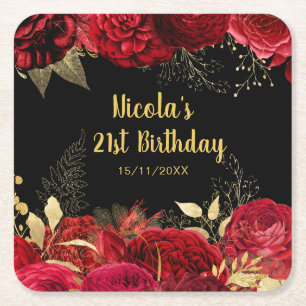 Elegant Red and Gold Flowers Birthday Party  Square Paper Coaster