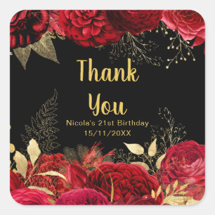 Elegant Red and Gold Flowers Birthday Party Square Sticker