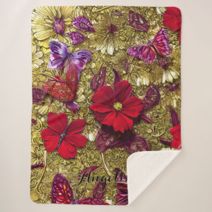 Elegant Red and Gold Flowers Personalised Name Sherpa Blanket