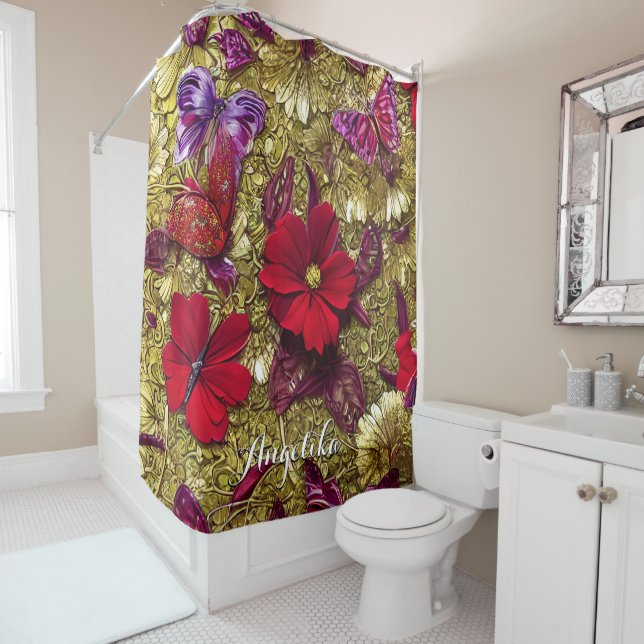 Elegant Red and Gold Flowers Personalised Name Shower Curtain (In Situ)