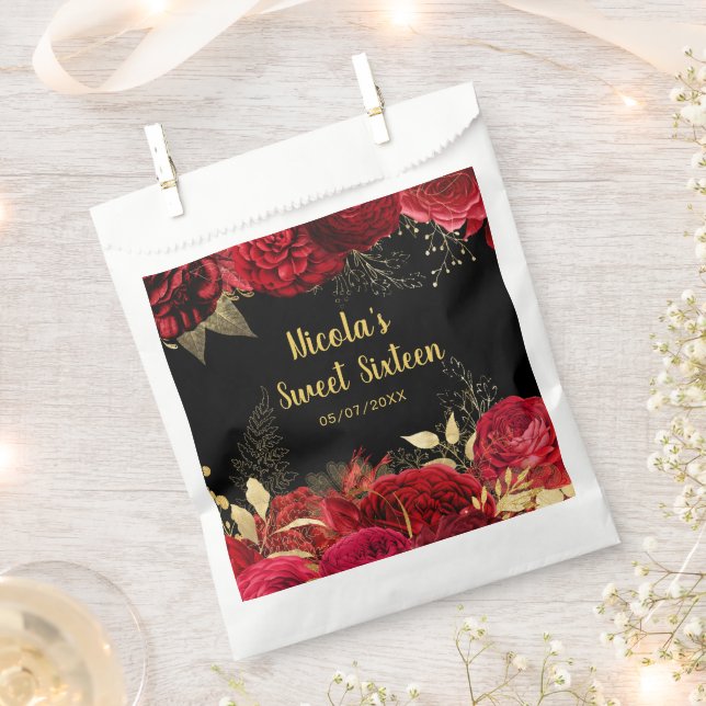 Elegant Red and Gold Flowers Sweet Sixteen  Favour Bags (Clipped)