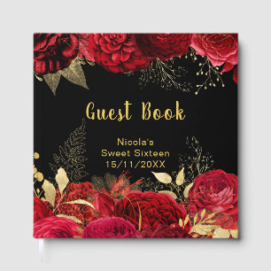 Elegant Red and Gold Flowers Sweet Sixteen Guest Book