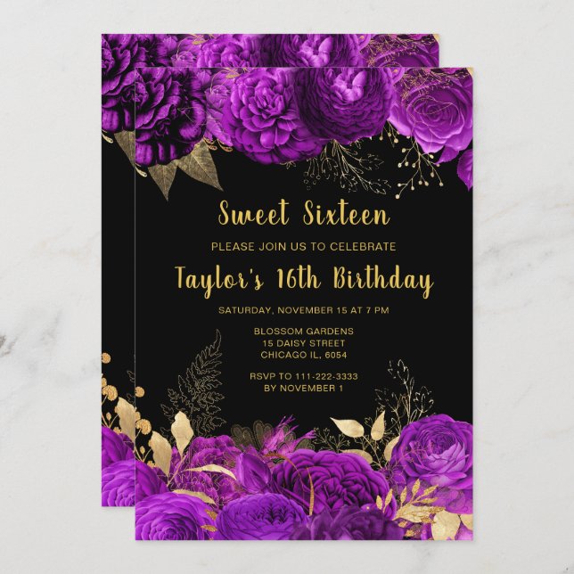 Elegant Red and Gold Flowers Sweet Sixteen Invitation (Front/Back)
