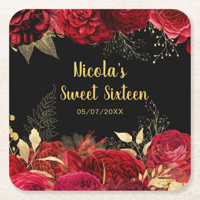 Elegant Red and Gold Flowers Sweet Sixteen  Square Paper Coaster (Front)