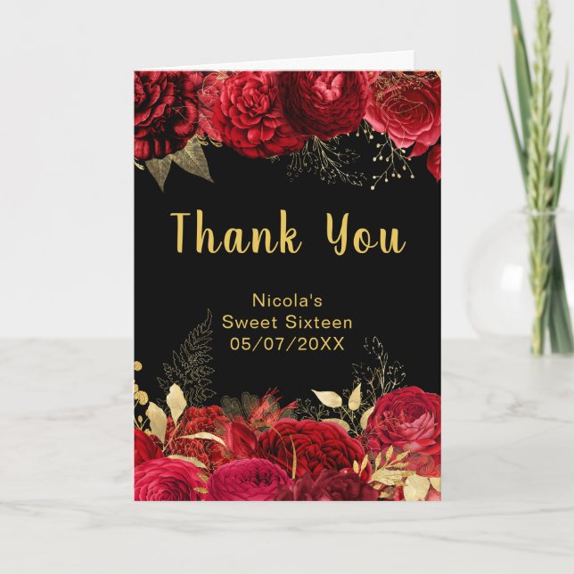 Elegant Red and Gold Flowers Sweet Sixteen Thank You Card (Front)