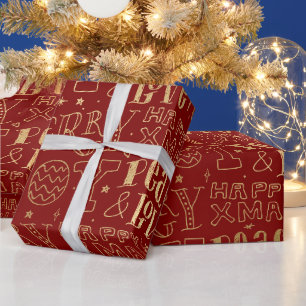Elegant Red and Gold Foil Christmas Word Art Wrapping Paper