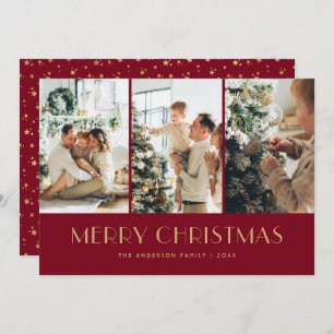 Elegant Red and Gold Foil Stars Photo Christmas Holiday Card