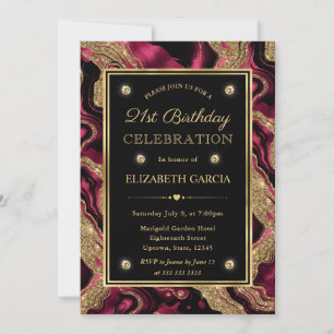 Elegant Red and Gold Glitter Agate 21st Birthday Invitation