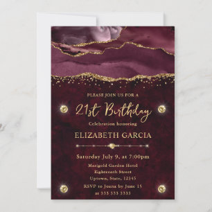 Elegant Red and Gold Glitter Agate 21st Birthday Invitation