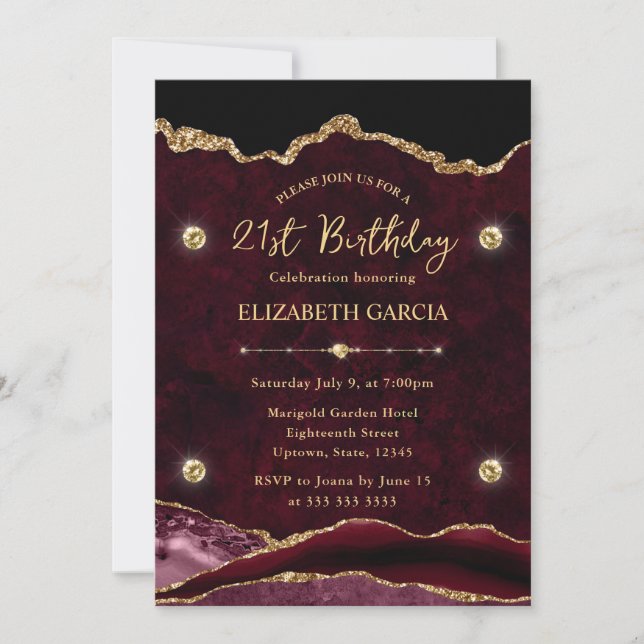Elegant Red and Gold Glitter Agate 21st Birthday Invitation (Front)