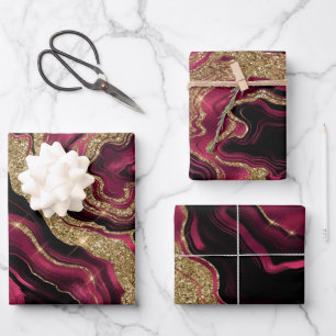 Elegant Red and Gold Glitter Agate Birthday Wrapping Paper Sheet