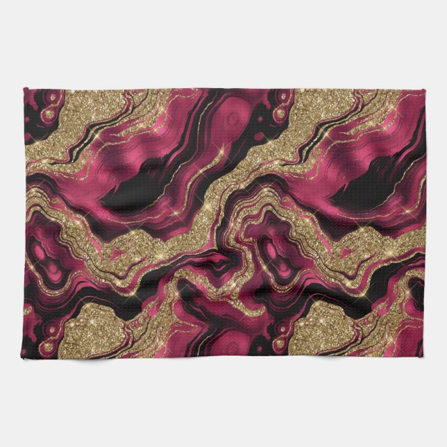 Elegant Red and Gold Glitter Agate Pattern Tea Towel (Horizontal)