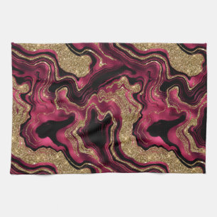 Elegant Red and Gold Glitter Agate Pattern Tea Towel