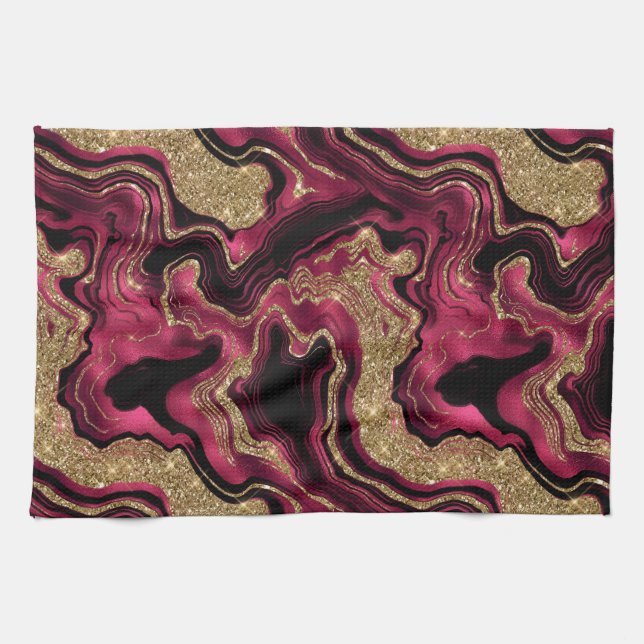 Elegant Red and Gold Glitter Agate Pattern Tea Towel (Horizontal)